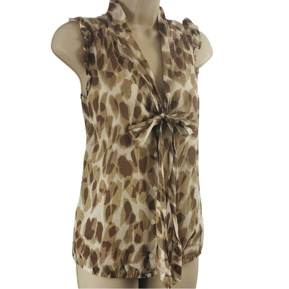 Ann Taylor Loft Tan Brown Animal Print Button Front Top Ruffled Sleeveless Bow - Picture 16 of 16
